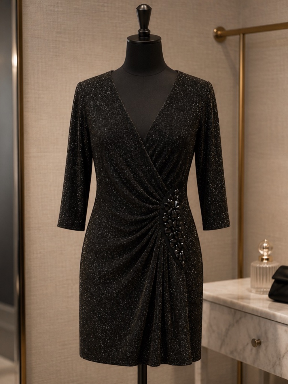 VENUS Black Sparkle Wrap Mini Dress with Embellished Side